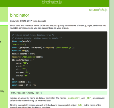 b8r's demo site uses a heterogeneous list to display source files with embedded documentation, tests, and examples